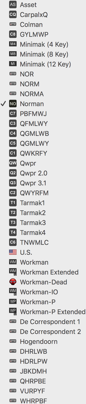 List of Norman challenge layout options macOS input menu listing the layouts the challenge installer adds, including Asset, the Carpalx variants, Colman, Minimak, Qwpr, Tarmak 1 through 4, and Workman, with Norman selected.