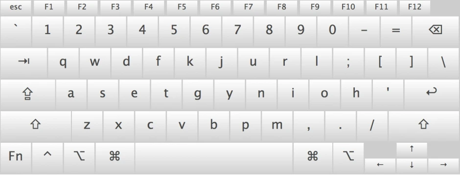 Norman layout Norman keyboard layout. Top letter row: Q W D F K J U R L semicolon. Home row: A S E T G Y N I O H. Bottom row: Z X C V B P M. The number row and punctuation keys are the same as QWERTY.