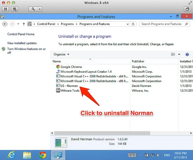 Windows Programs and Features list with the US - Norman entry, published by David Norman, marked Click to uninstall Norman.